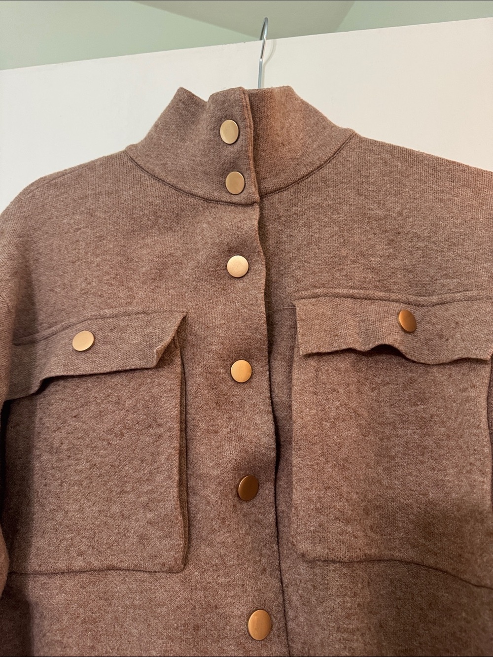 Relaxed Utility Jacket in Brown with Gold Snap Front - Picture 2 of 5
